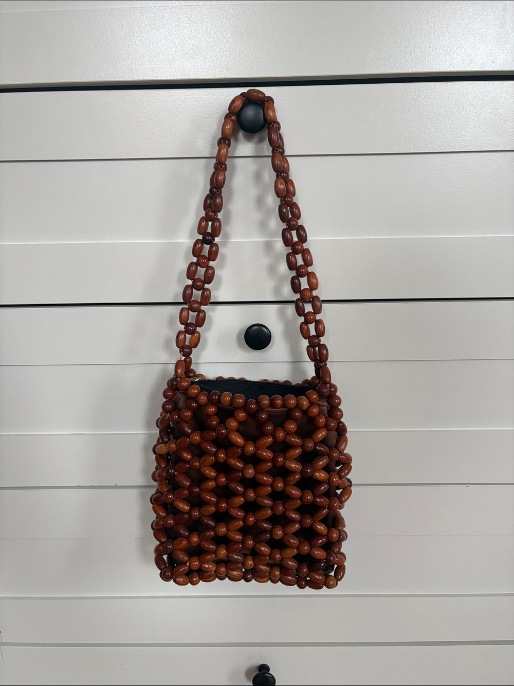 Handcrafted Wooden Bead Crossbody Bag in Brown